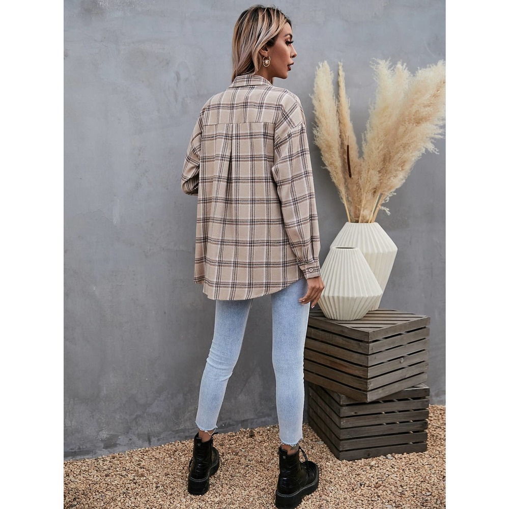 Preppy oversized Plaid print long sleeve button up Shirt - Picture 4 of 11